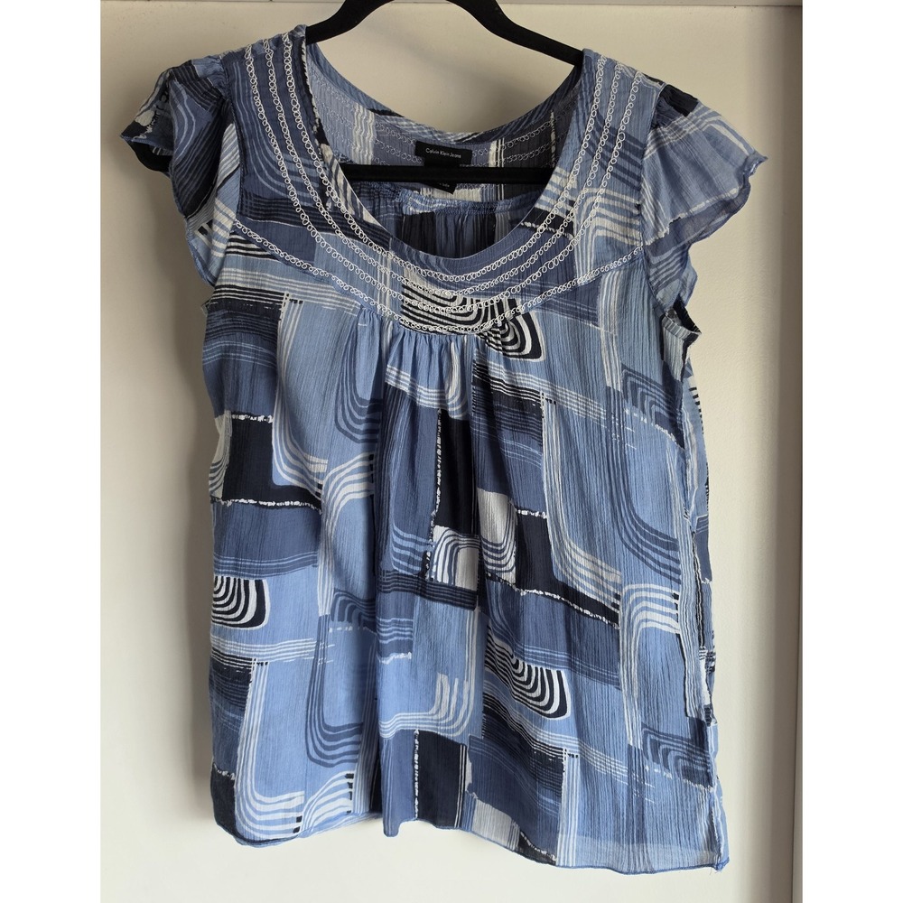 Calvin Klein Jeans Blouse Women L Blue White Black Abstract Short Sleeve Top